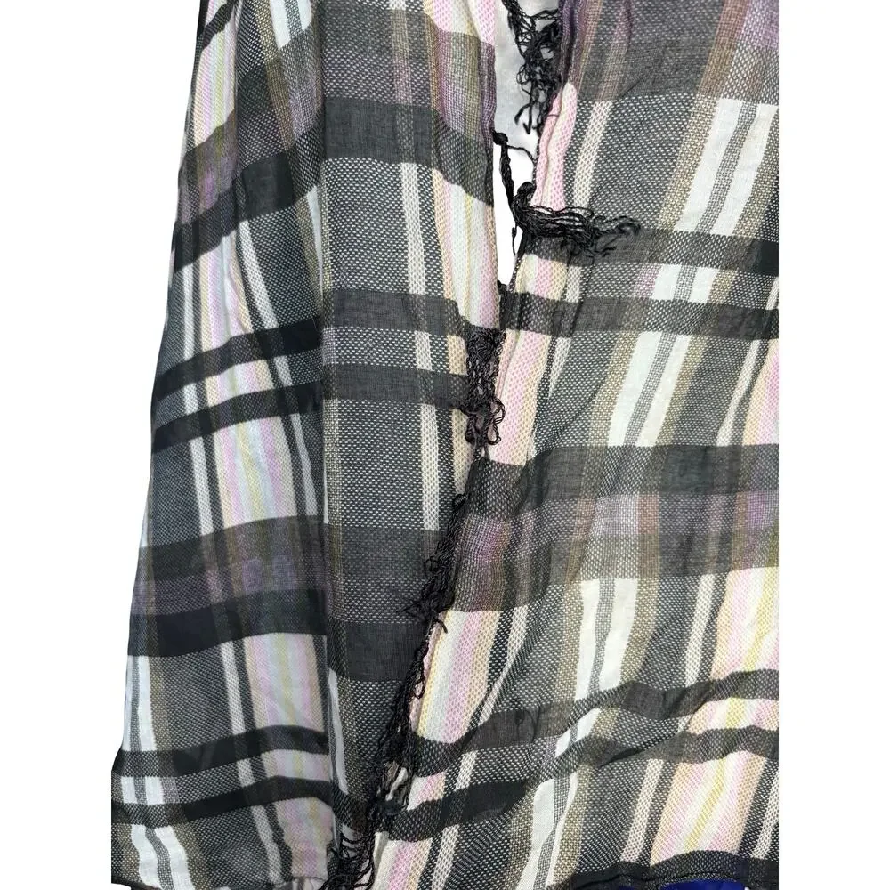 Roxy Neutral Plaid Lightweight Scarf Black Gray Cream Fringe Classic Accessory